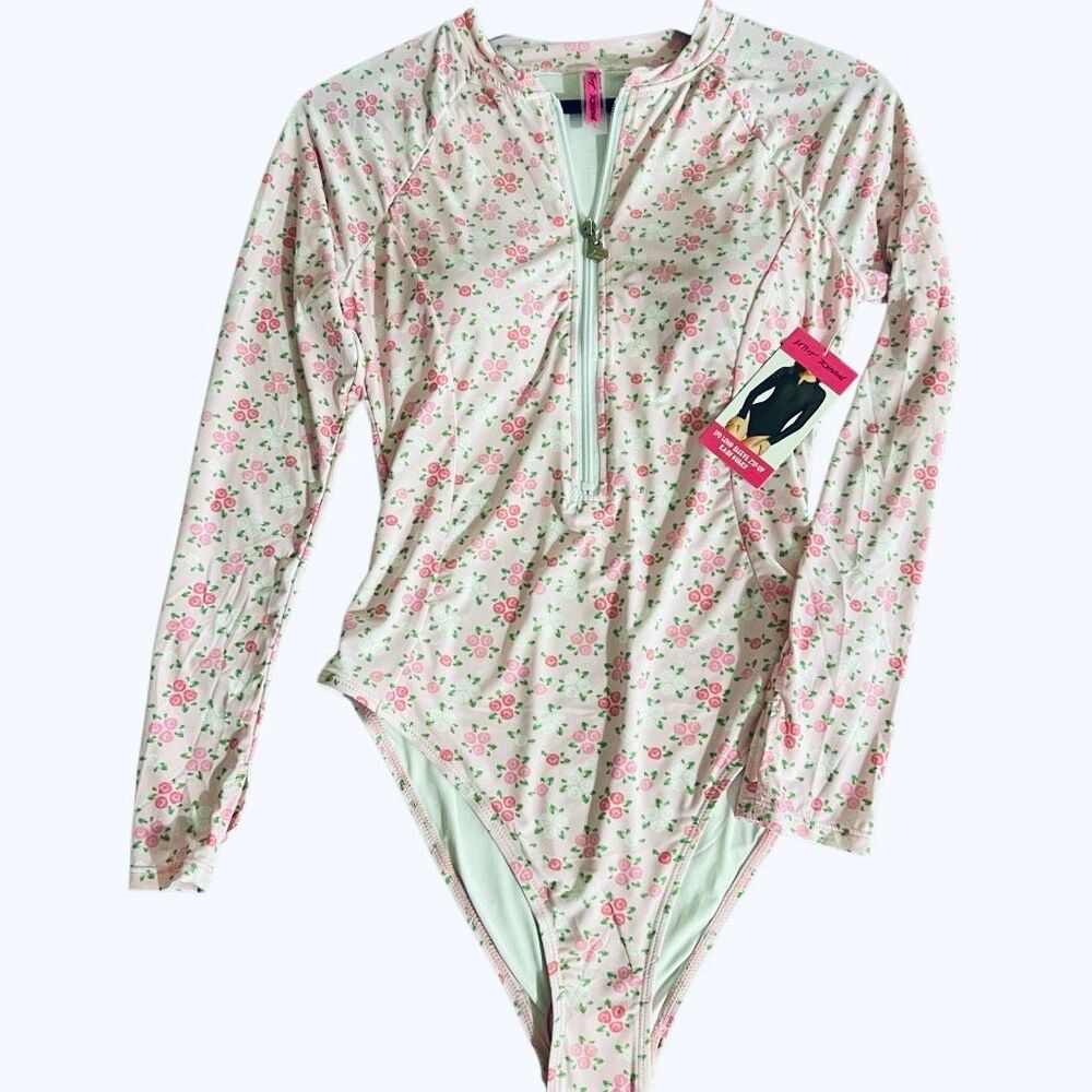 Betsey Johnson Long Sleeve One Piece Zip up Rash Guard Swimsuit Pink Rose Floral